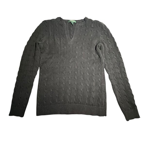 LRL Black Cable Knit Sweater Fisherman Equestrian Preppy Old Quiet Luxury L - Picture 1 of 8